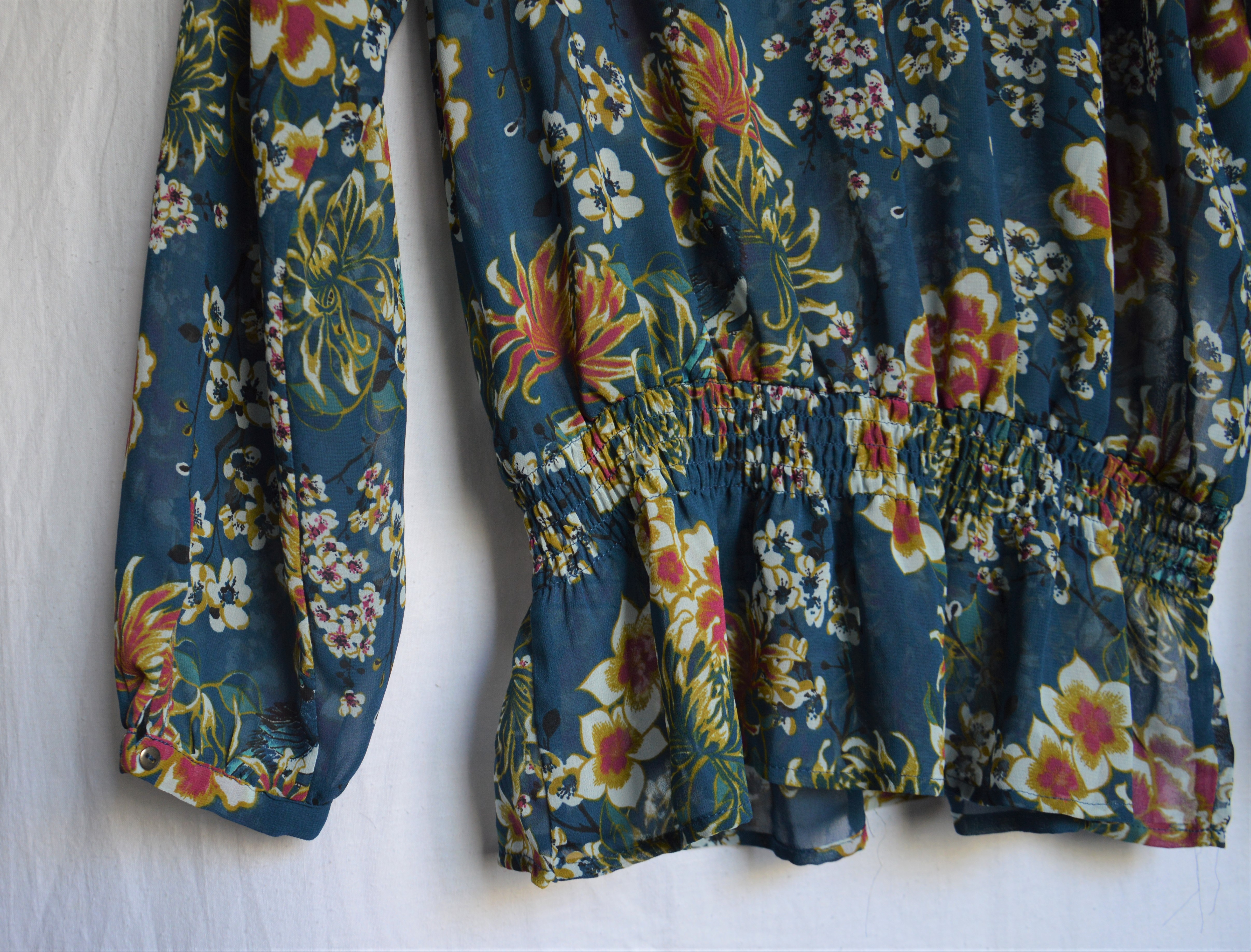flowered teal blouse - detail